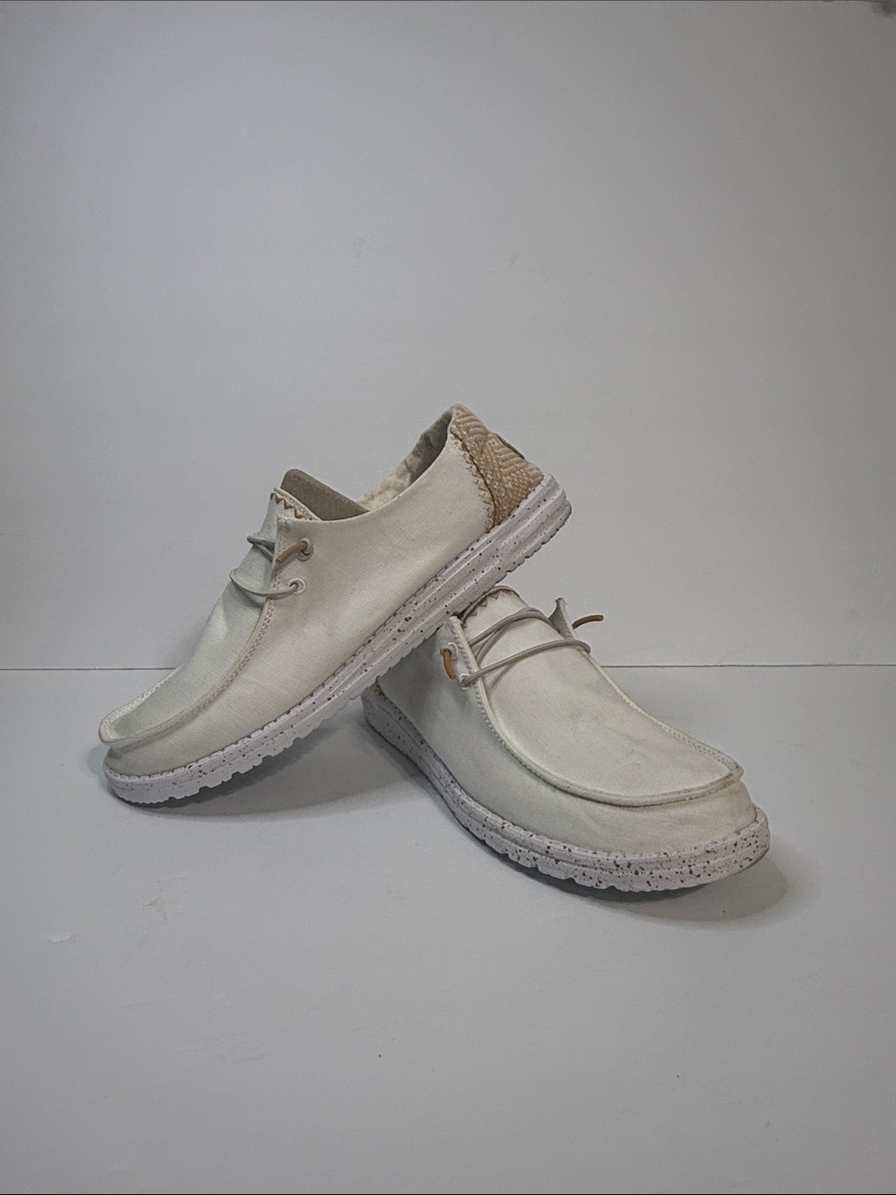 Hey Dude Women's Cream Slip-On Sneakers with Tan Heel Accent